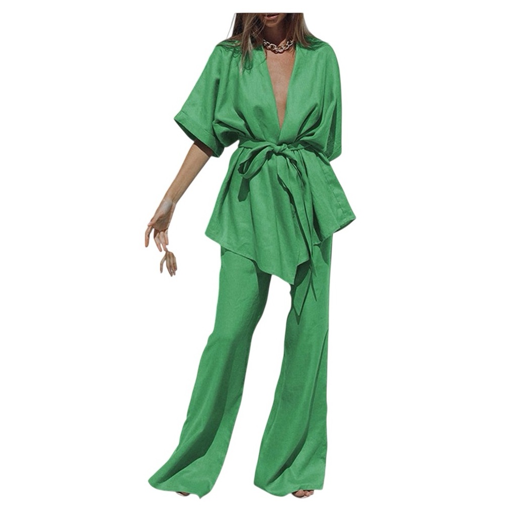 COMMENSE Oversized Linen Tied Two Piece Pants Set Color: Green, size XS NWT